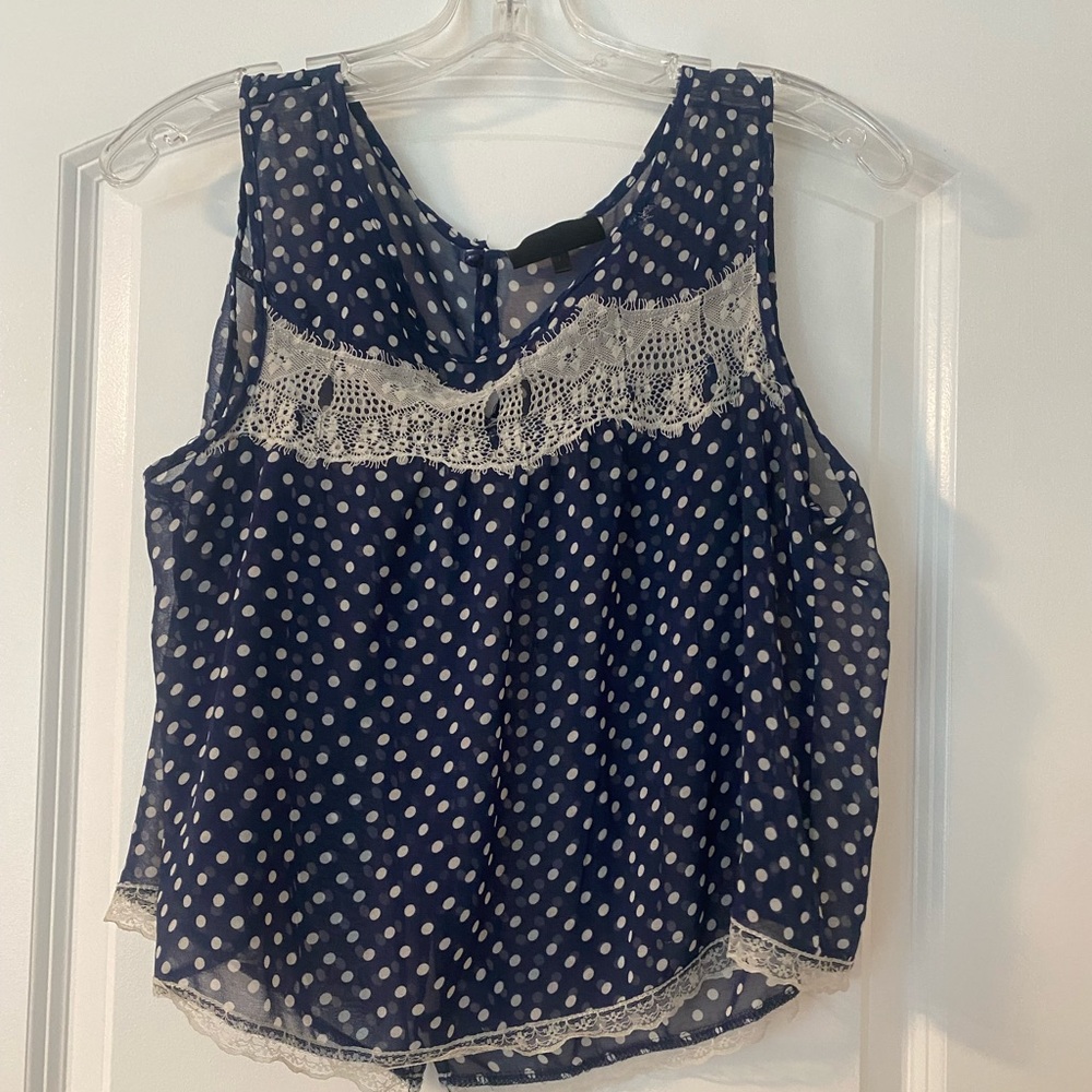 See through navy and white polka dot top